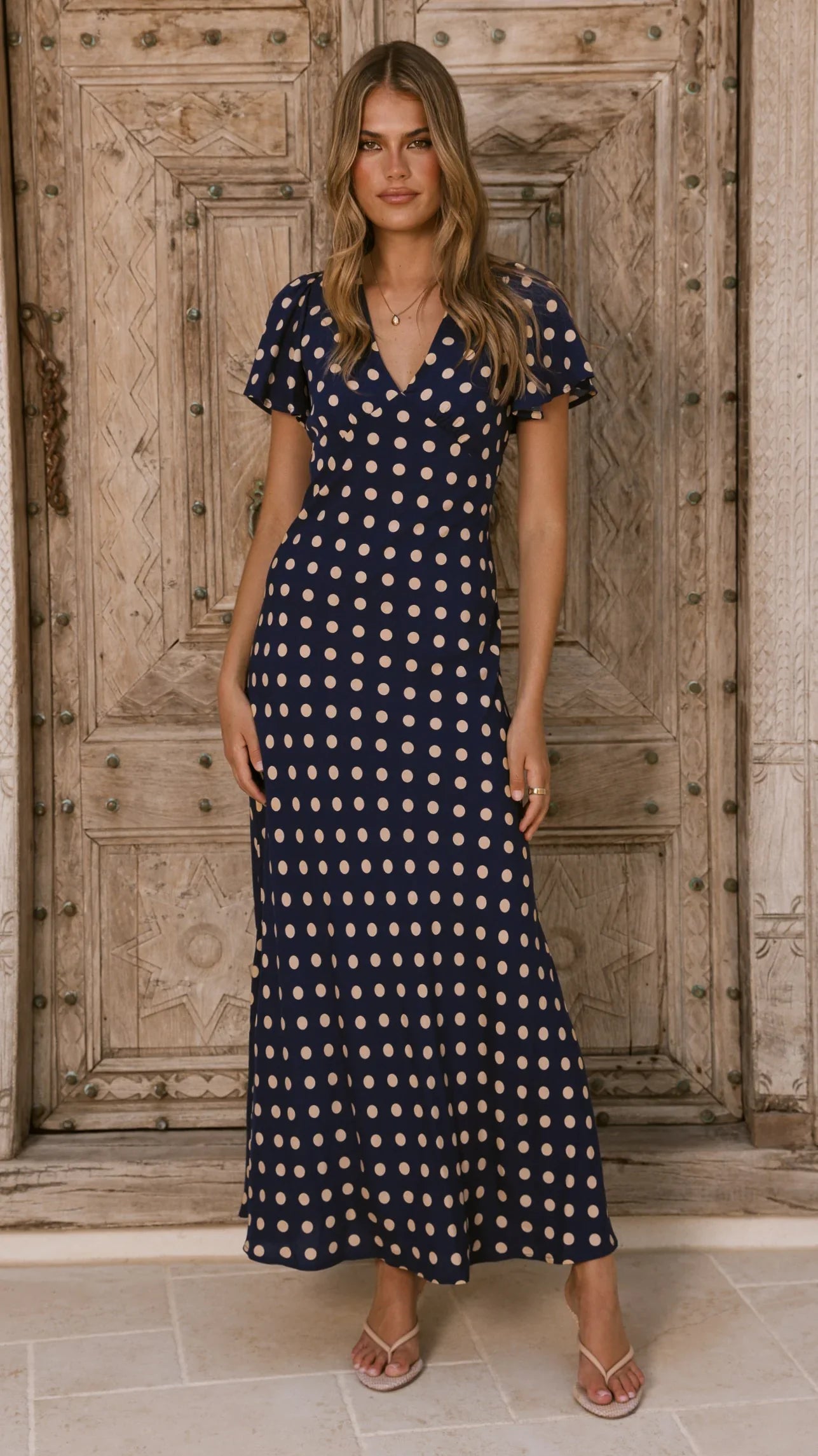 Georgianna Flutter Sleeve Maxi Dress - Navy/Cream Spot