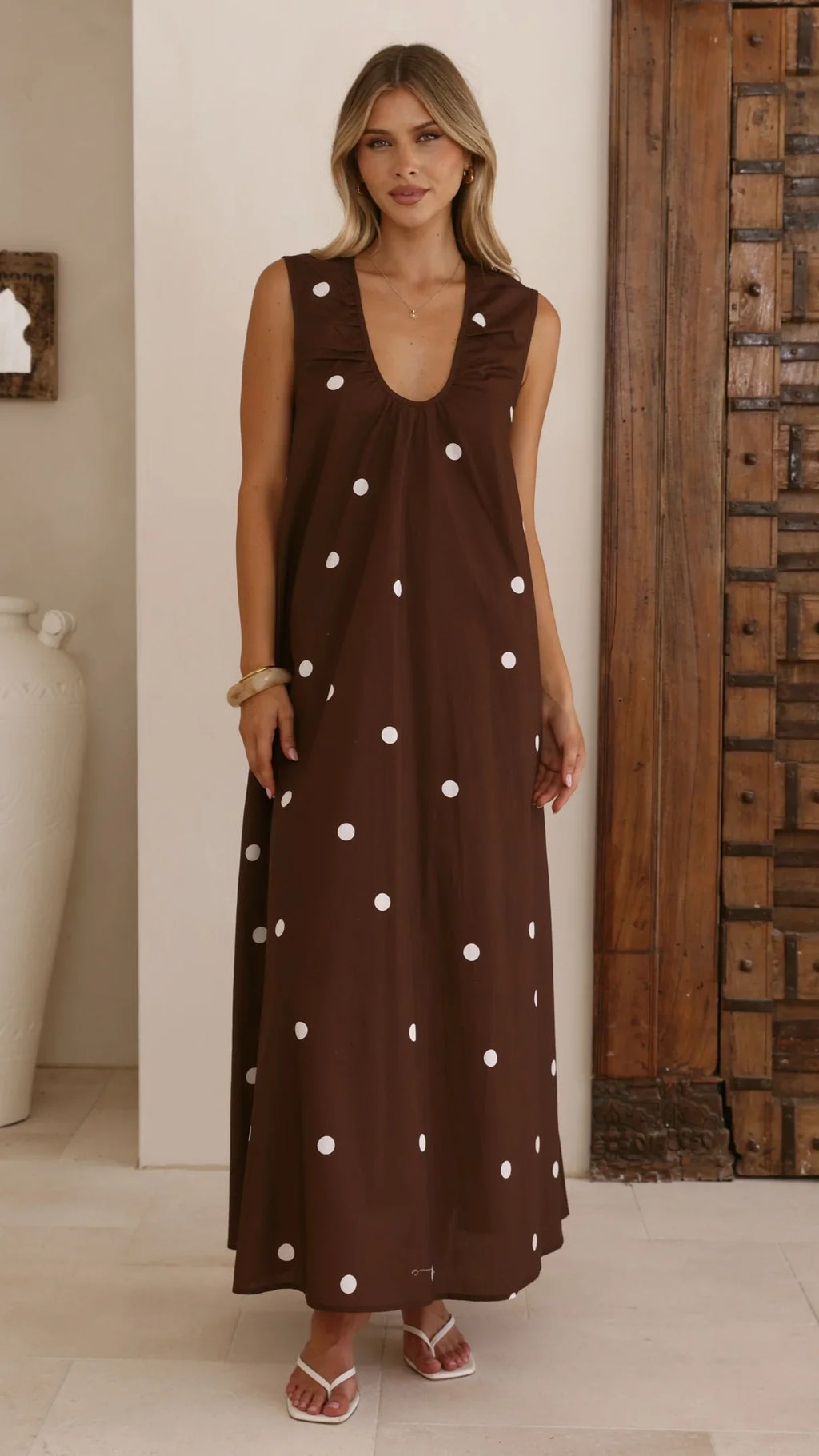 Scout Maxi Dress - Chocolate/White Polka