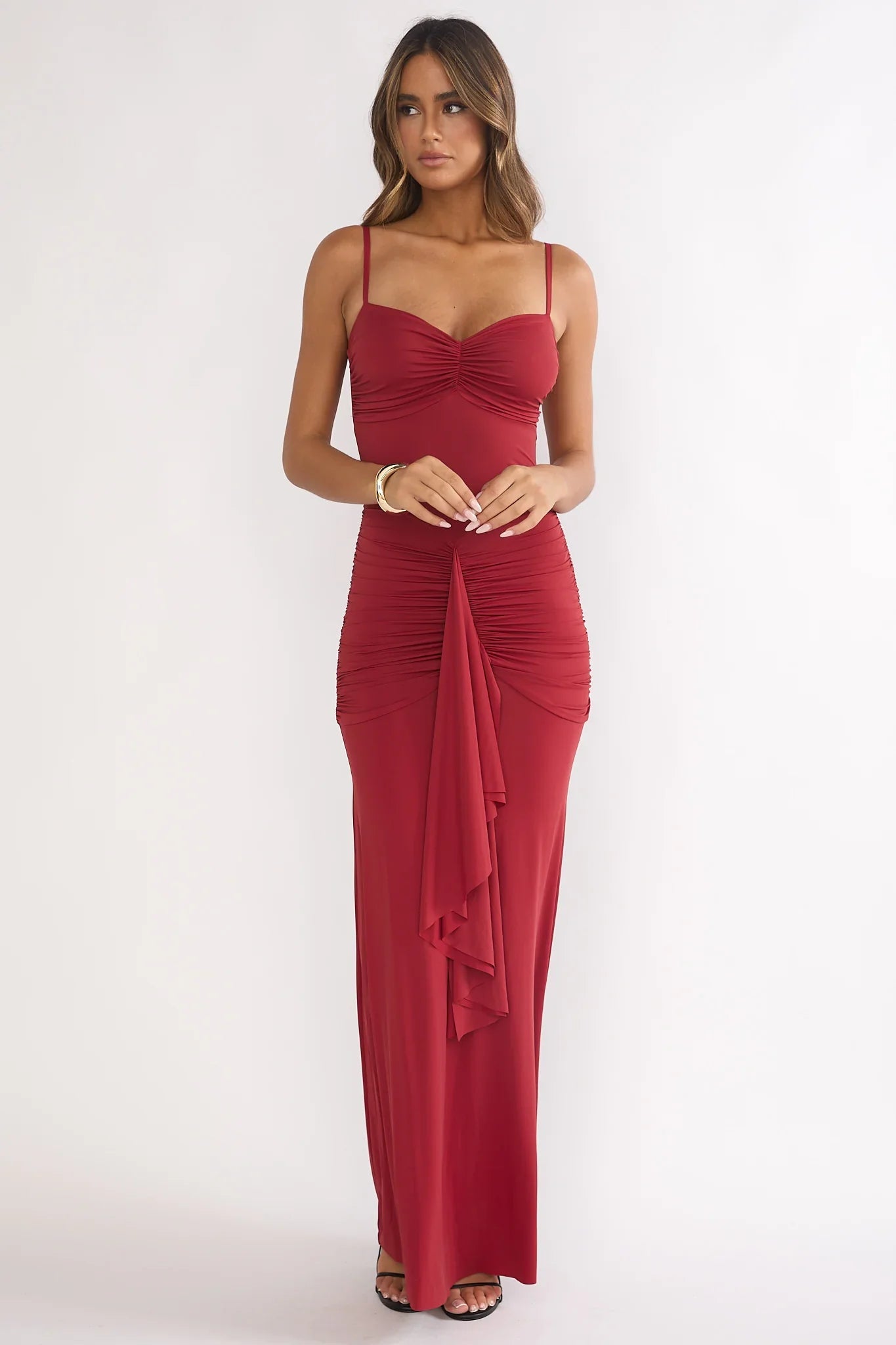 Lunara Ruched Cascade Sash Dress Wine