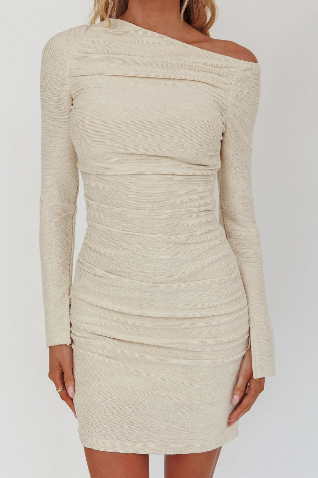 Nysha Asymmetric Neckline Mini Dress Oat