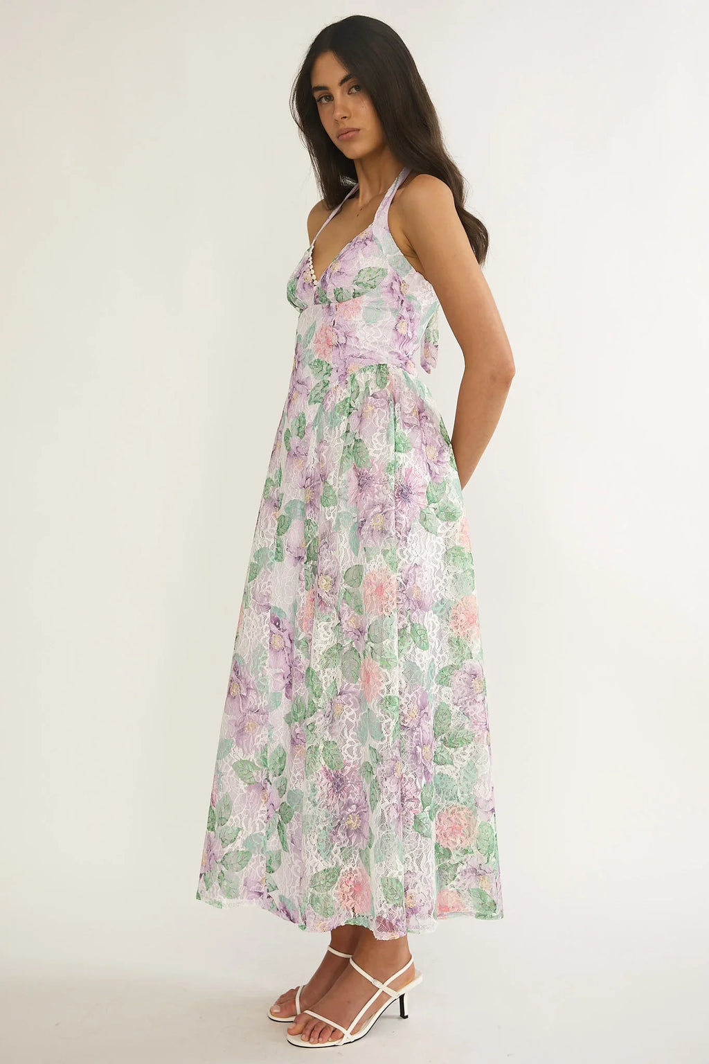 Florent Sweetheart Halterneck Maxi Dress Lace Lilac