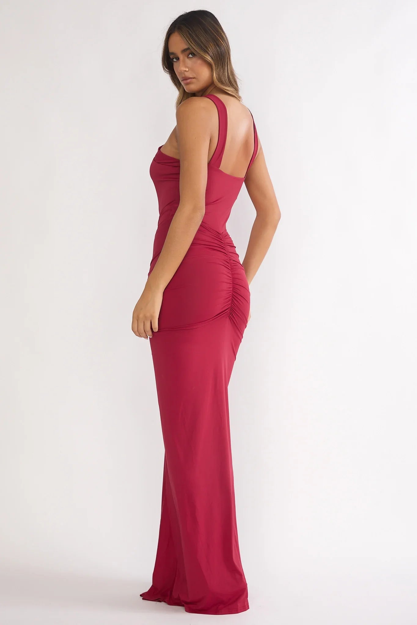 Delaina Ruched Waist Gold Accent Maxi Dress Wine