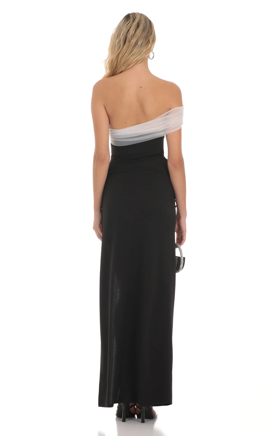 Off Shoulder Tulle Sleeve Maxi Dress in Black