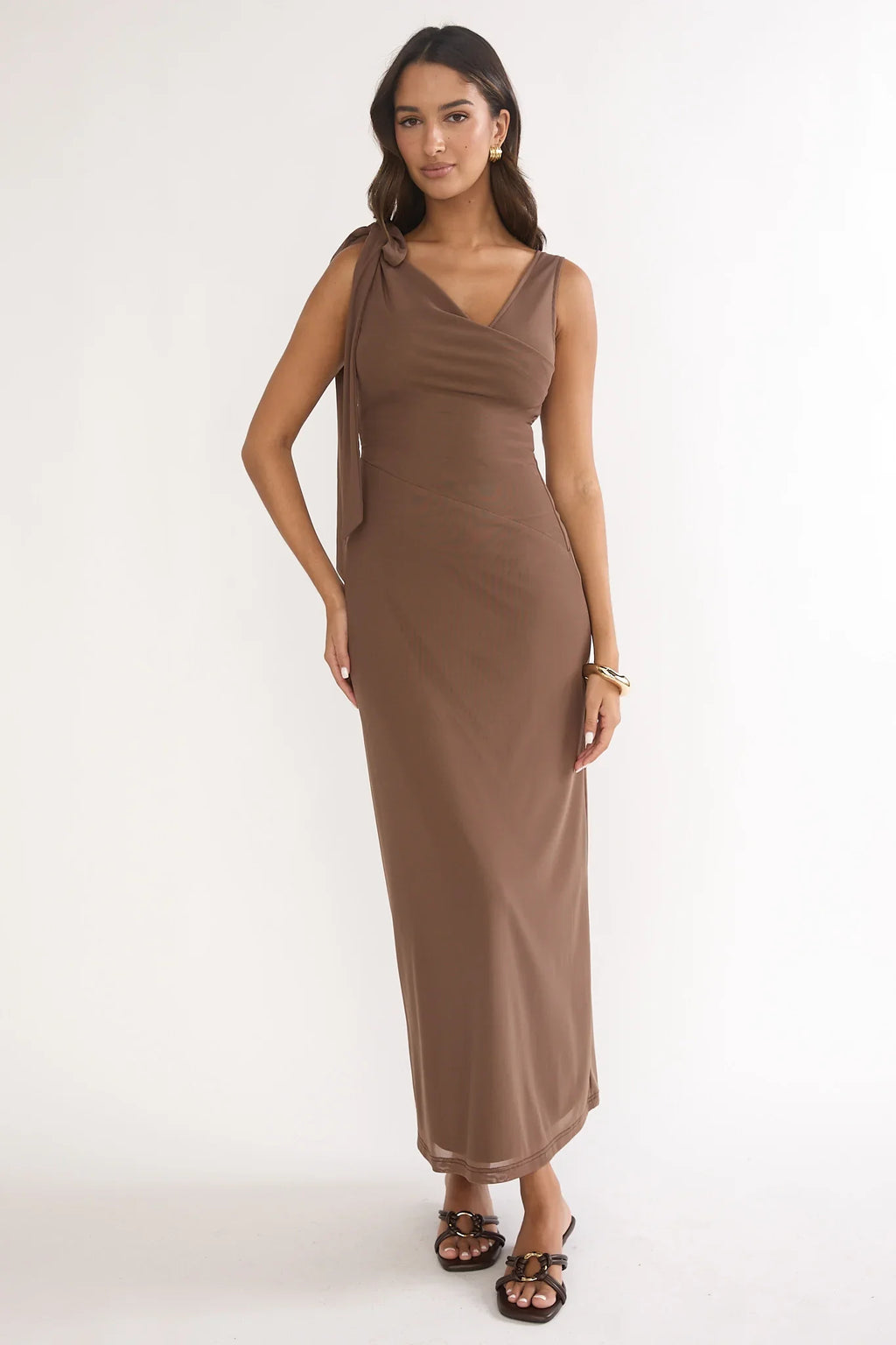 Cavelle Tie Shoulder Mesh Maxi Dress Chocolate