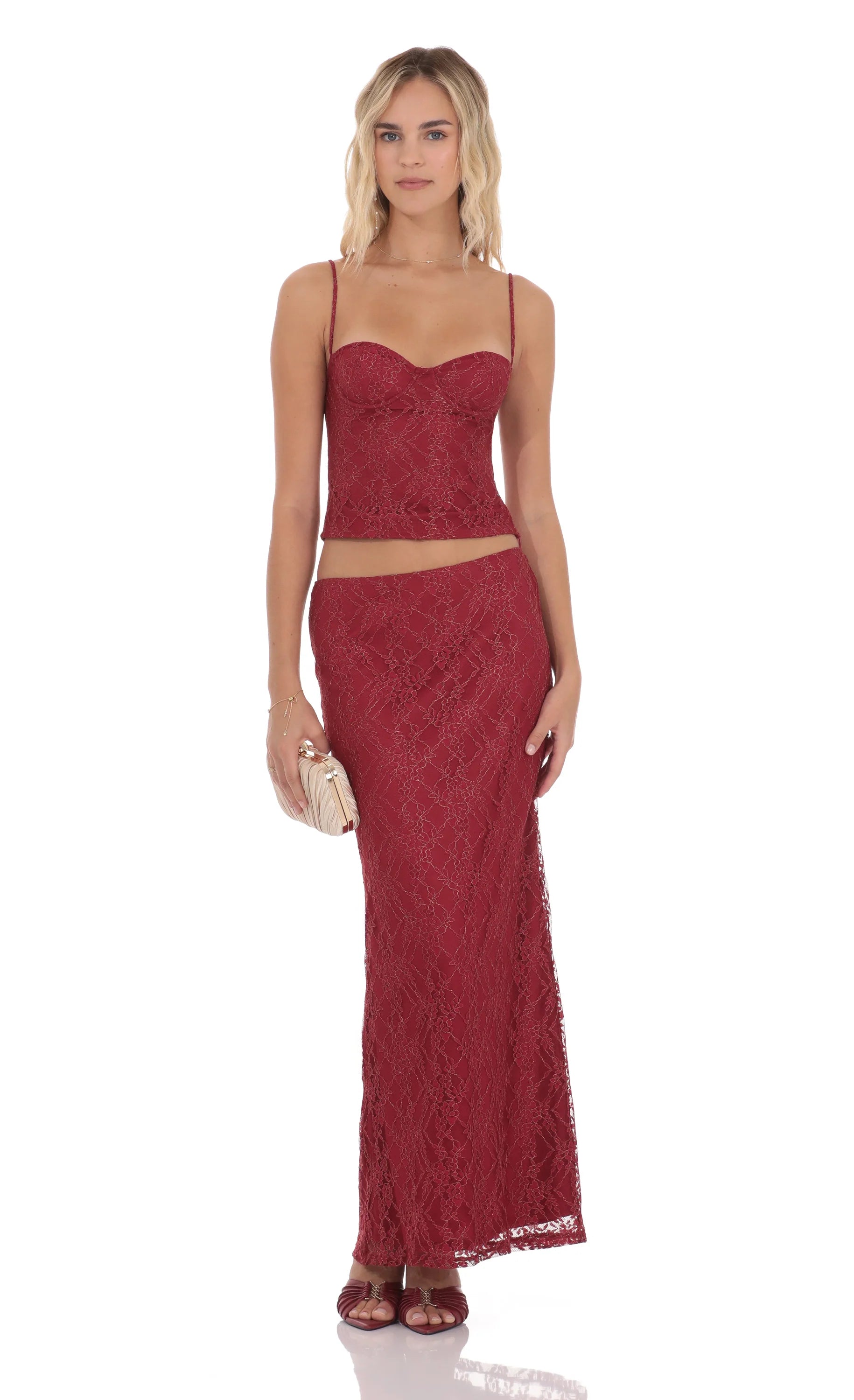 Gold Thread Lace Top in Burgundy
