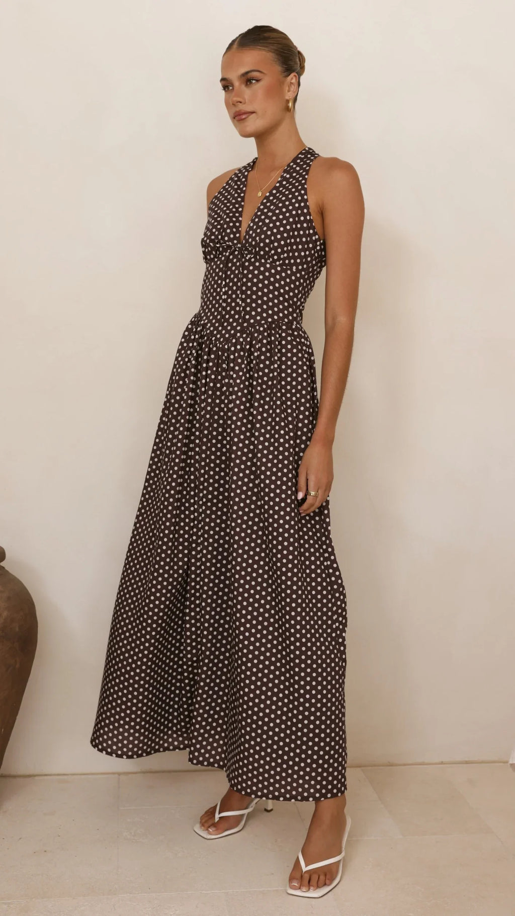 Rachel Tie Back Maxi Dress - Chocolate/White Spot