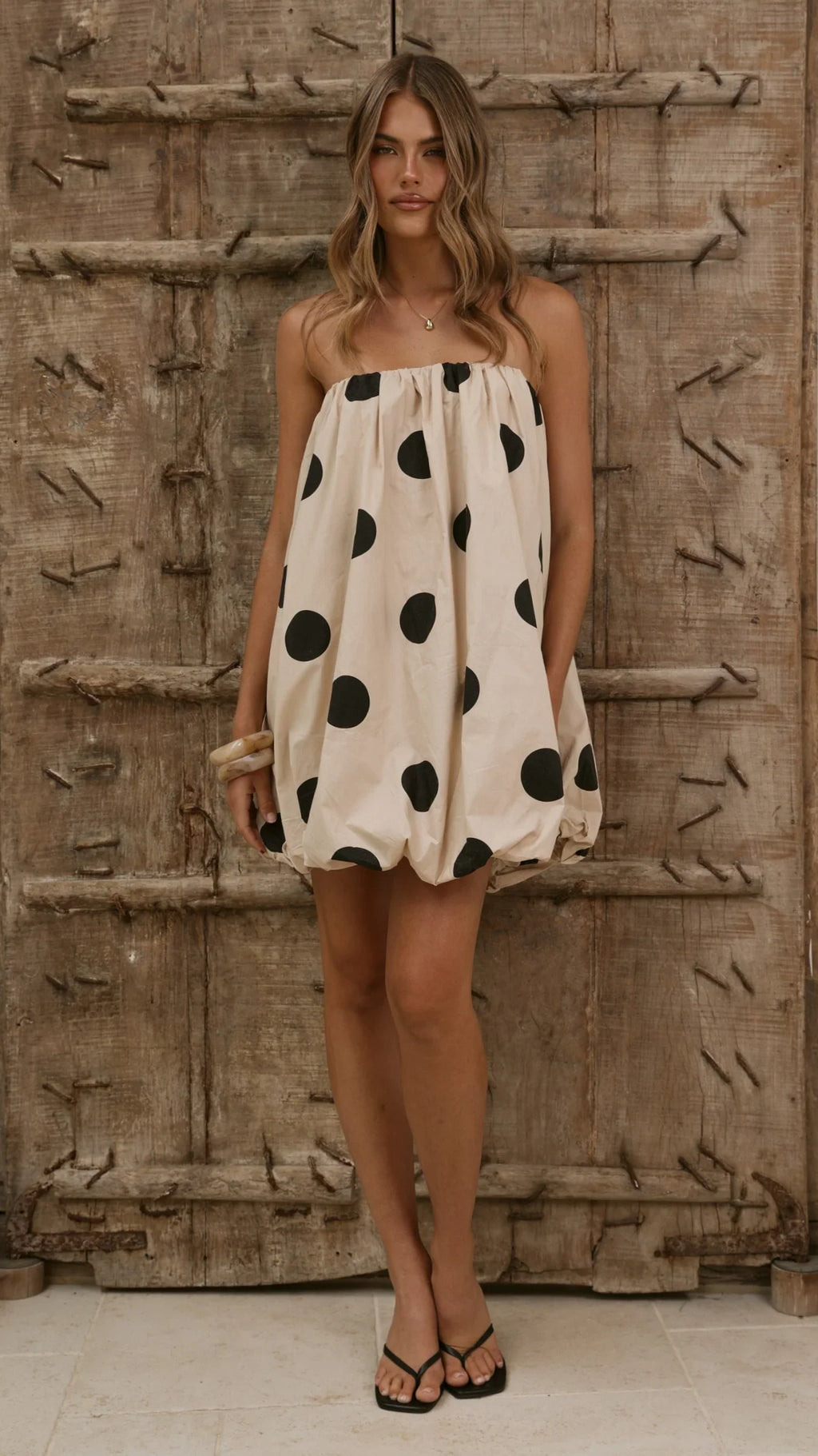 Everly Strapless Mini Dress - Oat/Black Polka