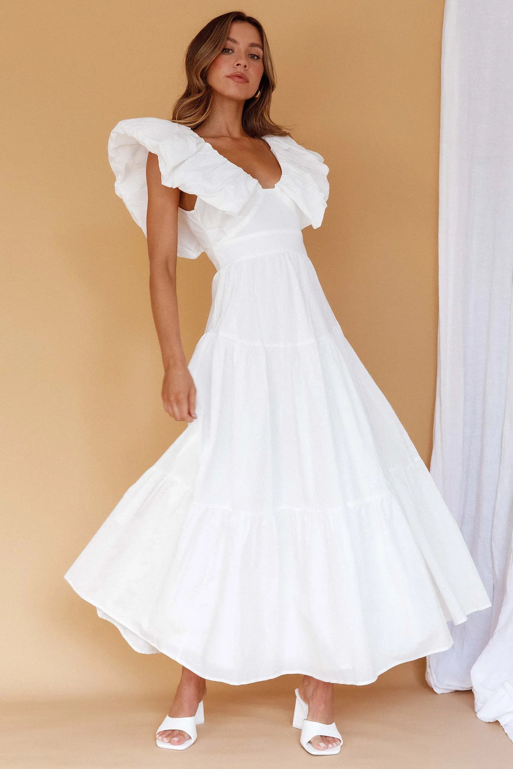 Kahlo Puffed Ruffle Neckline Maxi Dress White