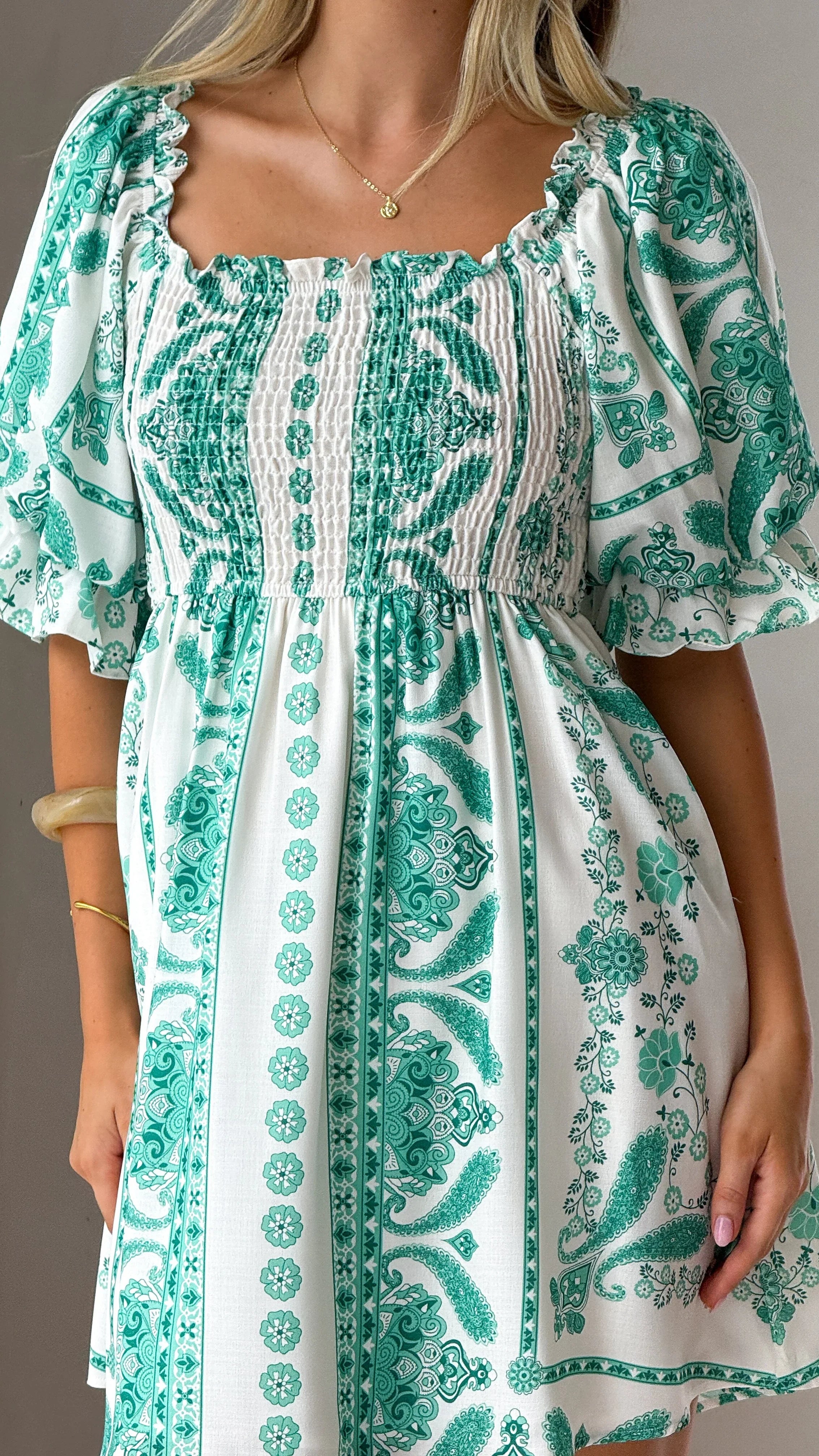 Farah Mini Dress - Green Aztec
