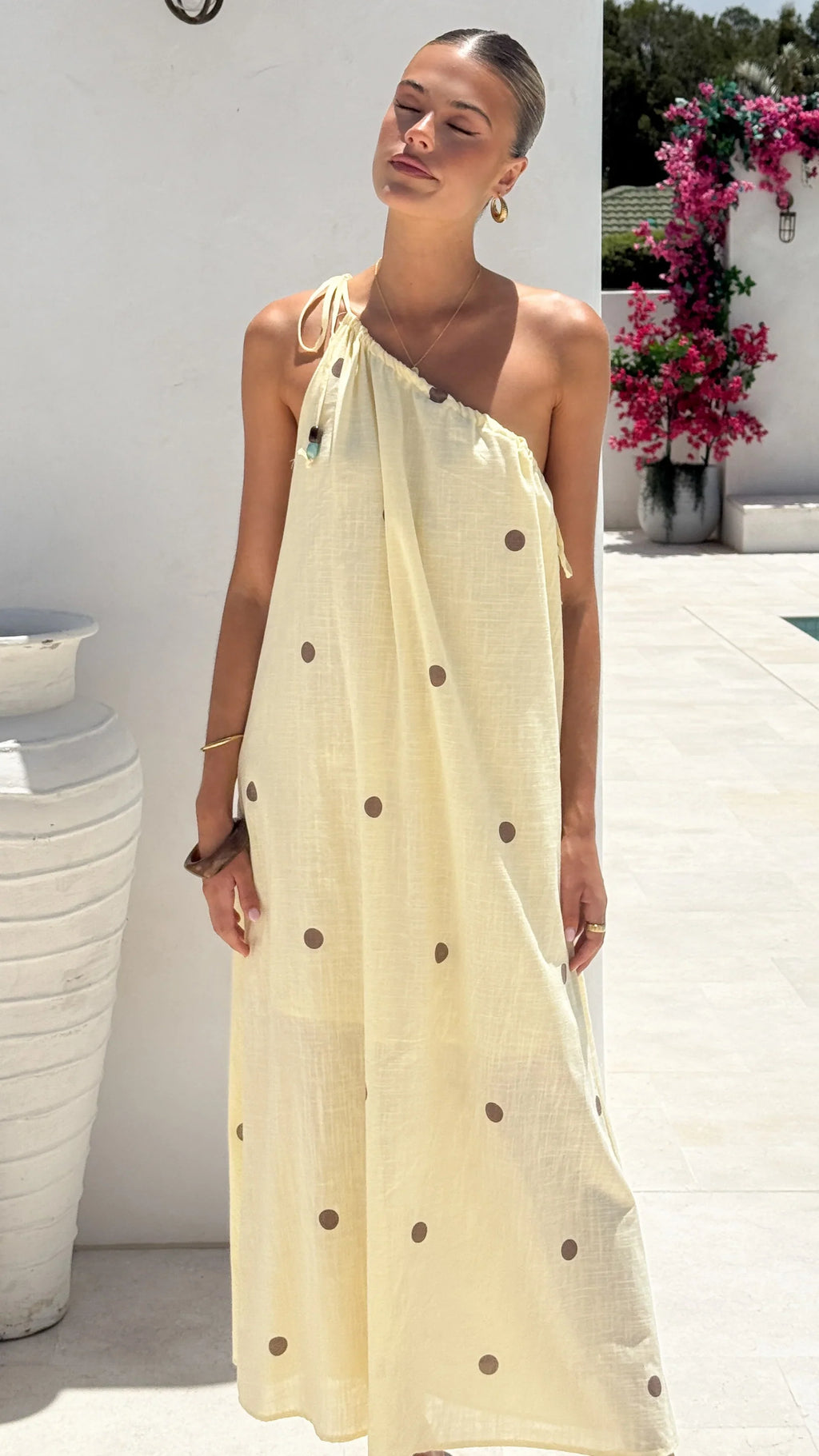 Nasira One Shoulder Maxi Dress - Yellow/Chocolate Polka