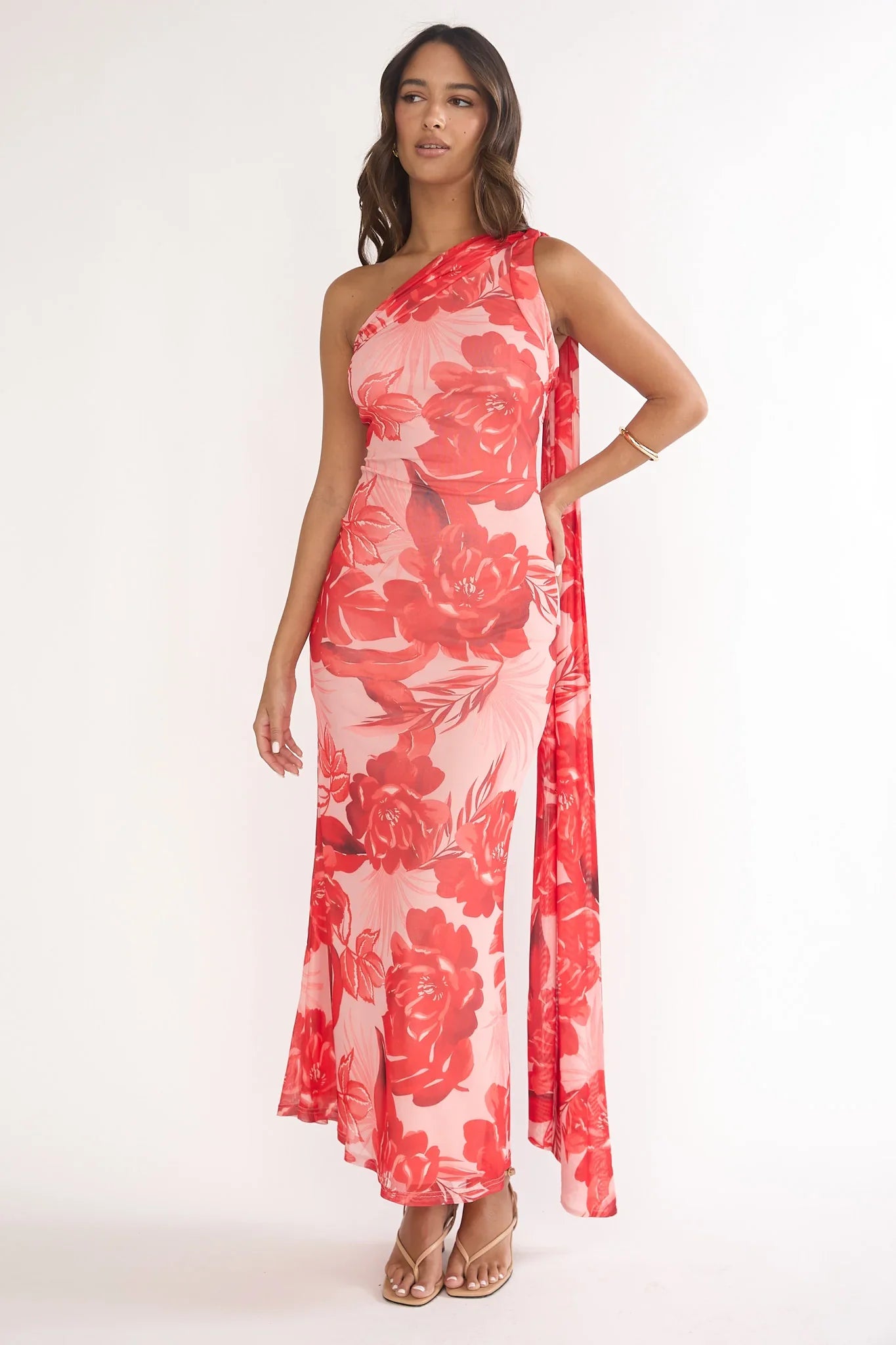 Ilyse Neck Scarf One-Shoulder Maxi Dress Floral Red