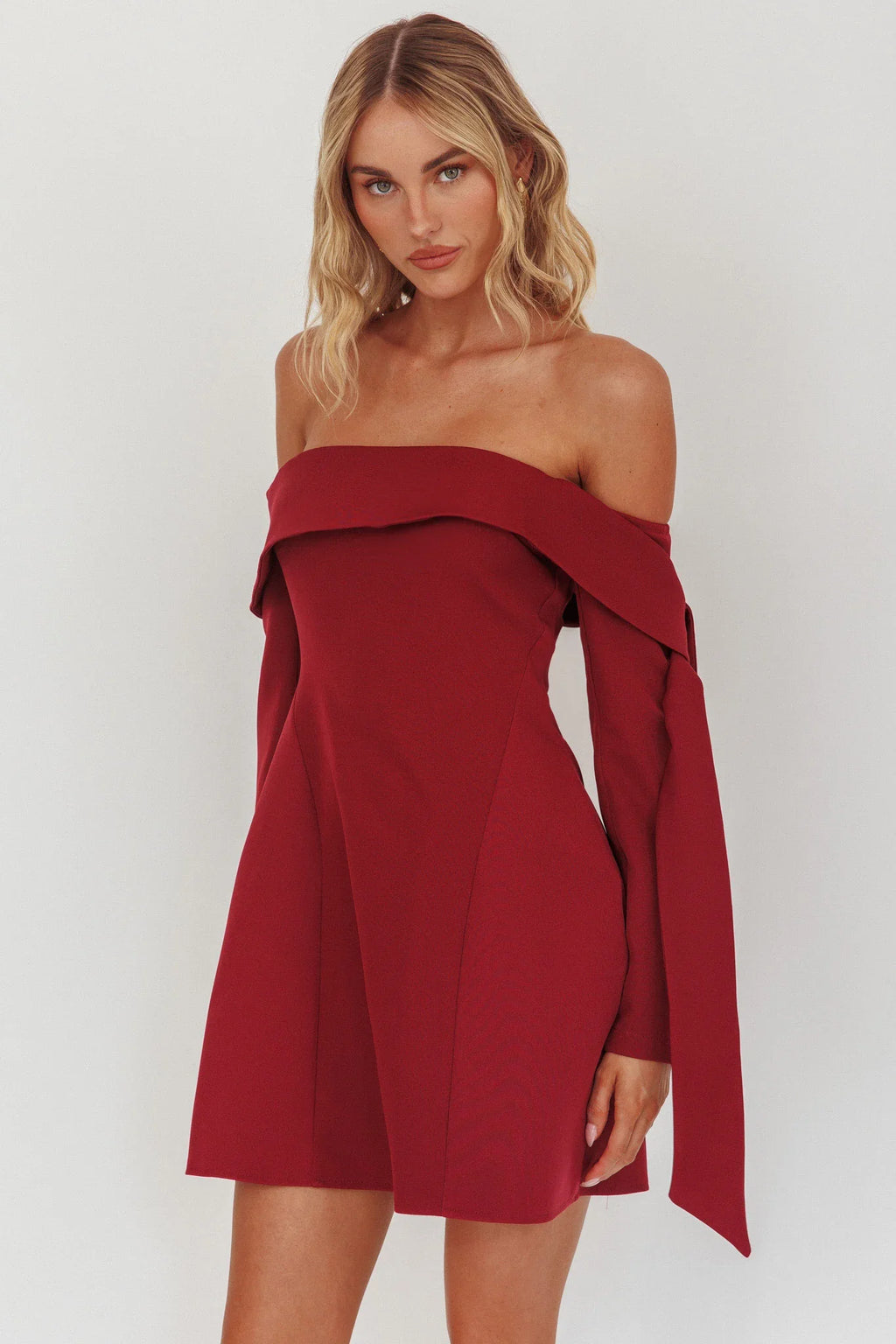 Aurora Sky Off-Shoulder Tie Mini Dress Wine