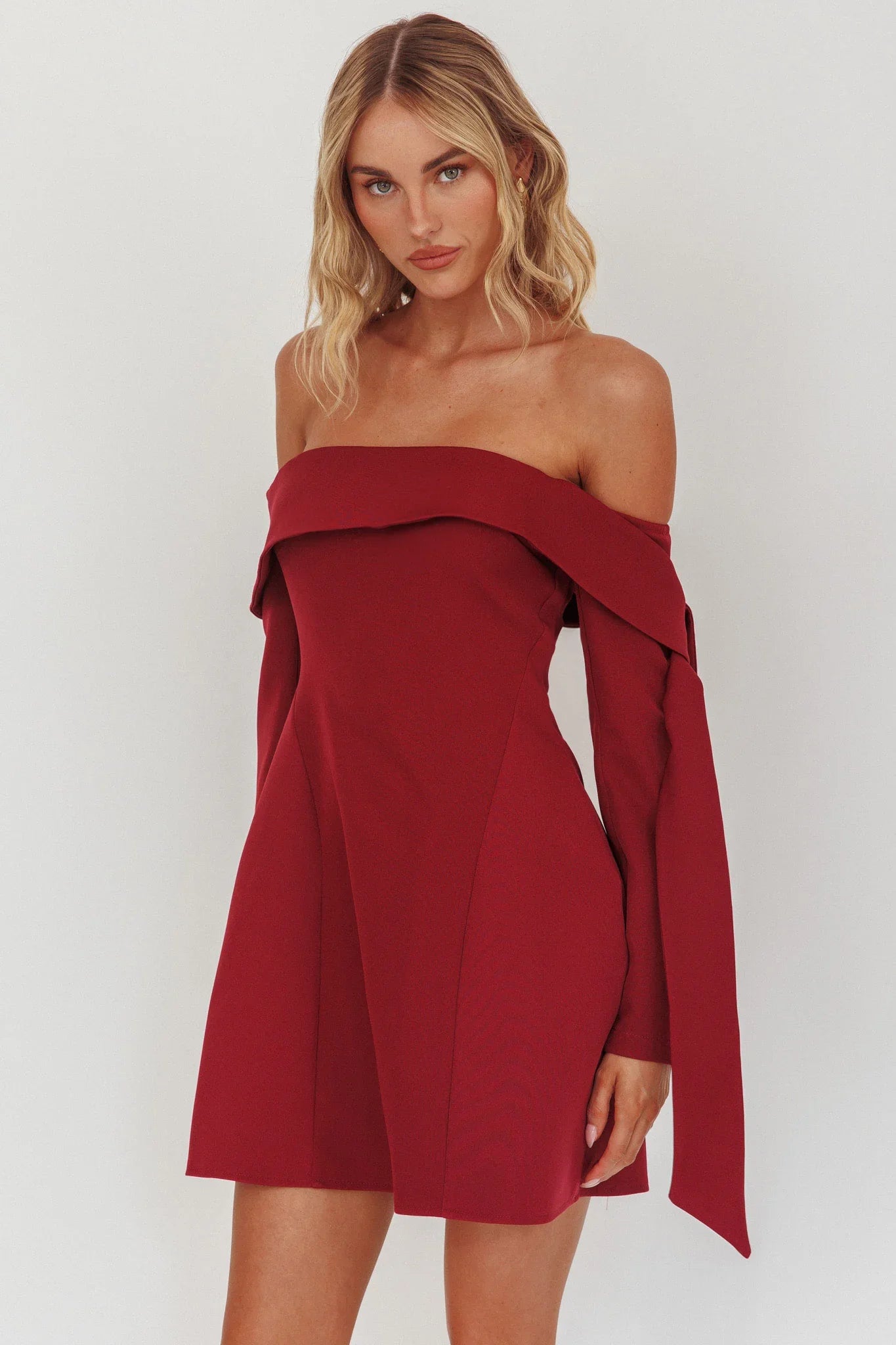 Aurora Sky Off-Shoulder Tie Mini Dress Wine