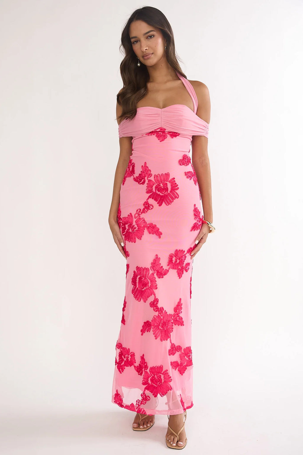 Fleurie Halter Off-Shoulder Maxi Dress Embellished Pink