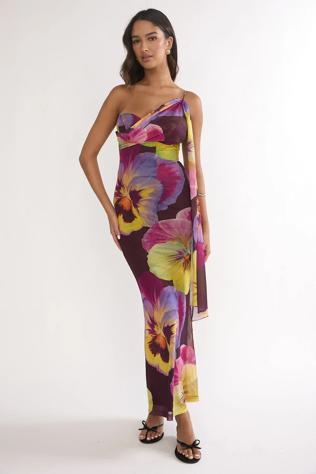 Tallis One-Shoulder Asymmetric Neckline Dress Brown