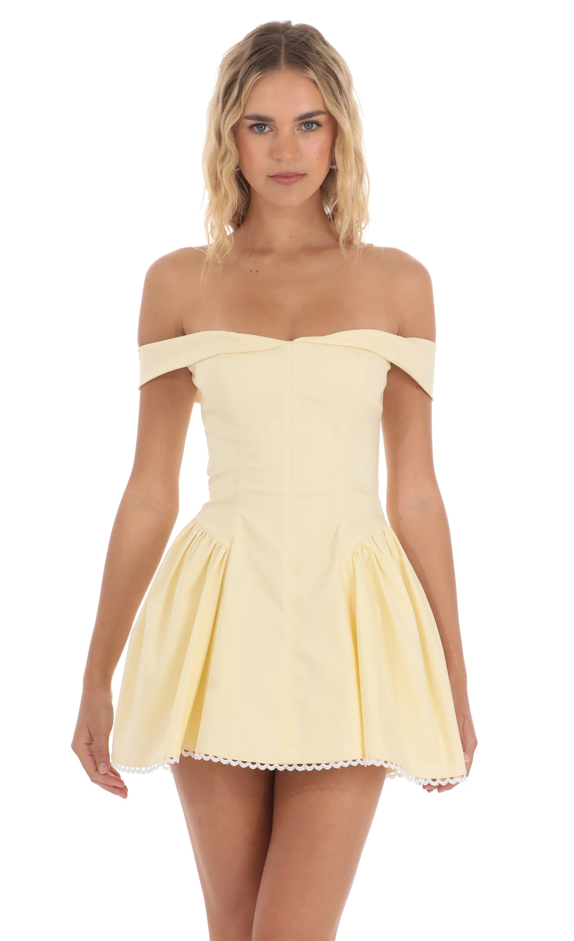 Off Shoulder Fit and Flare Dress in Yellow