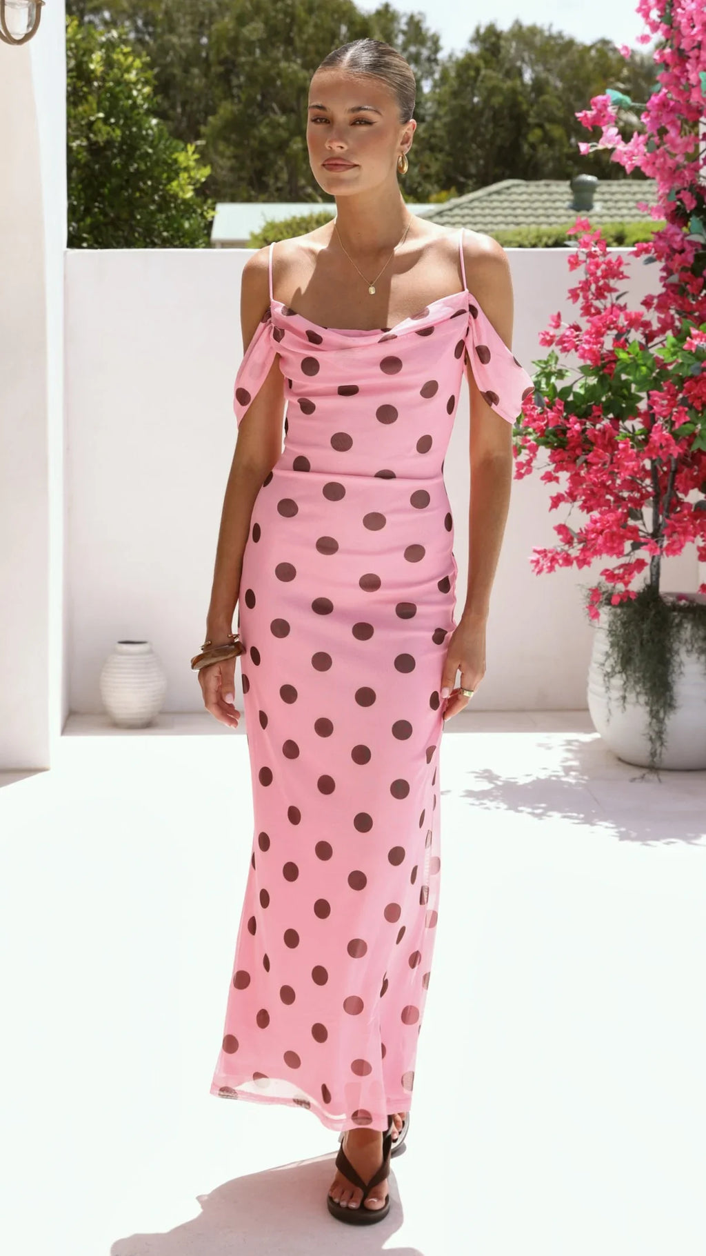 Mairi Maxi Dress - Pink / Brown Polka