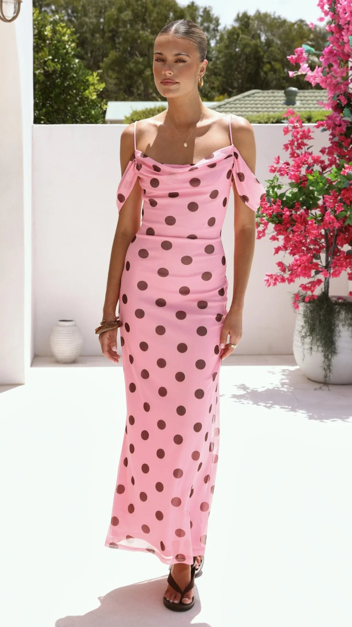 Mairi Maxi Dress - Pink / Brown Polka