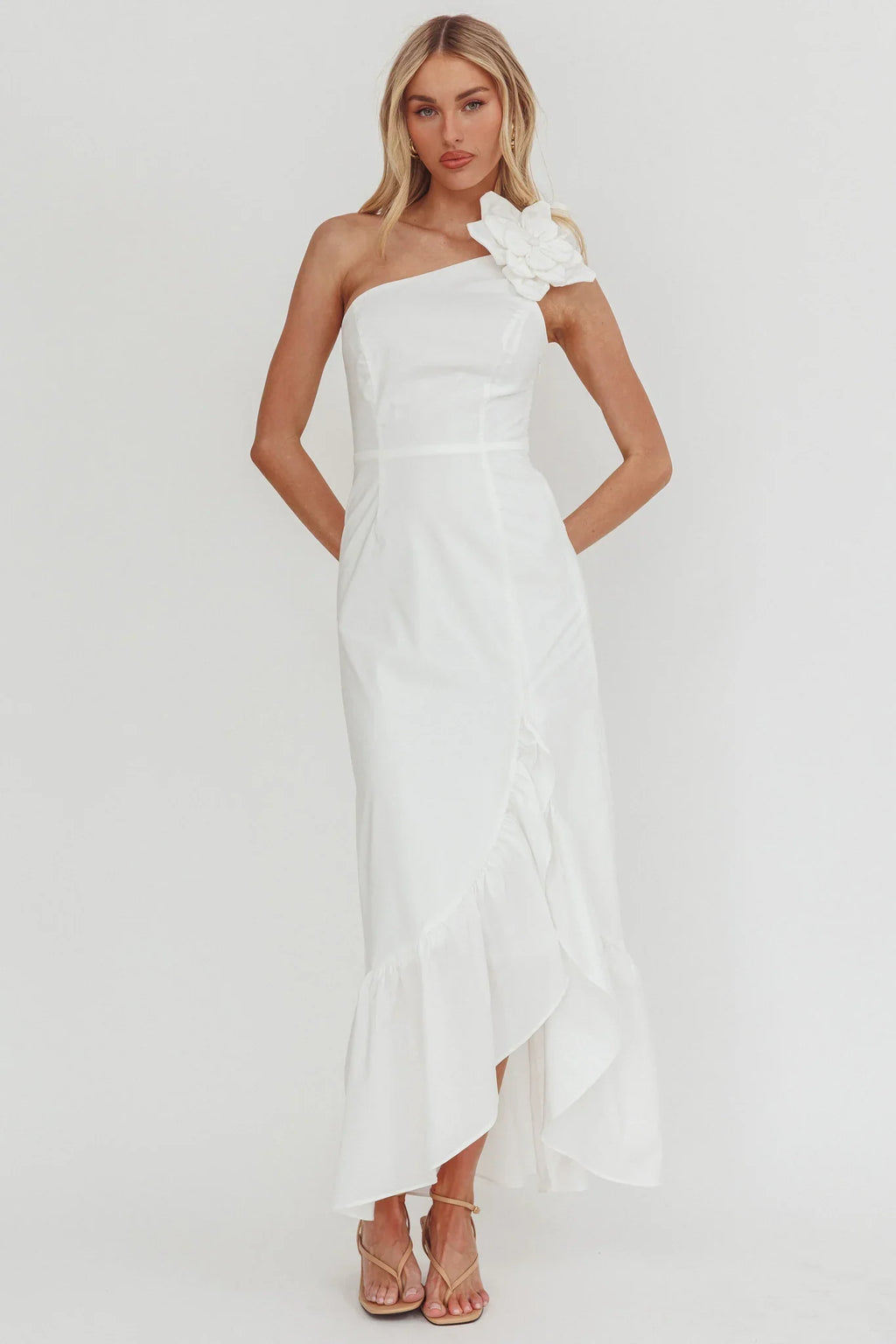 Dena One-Shoulder Frill Hem Maxi Dress White