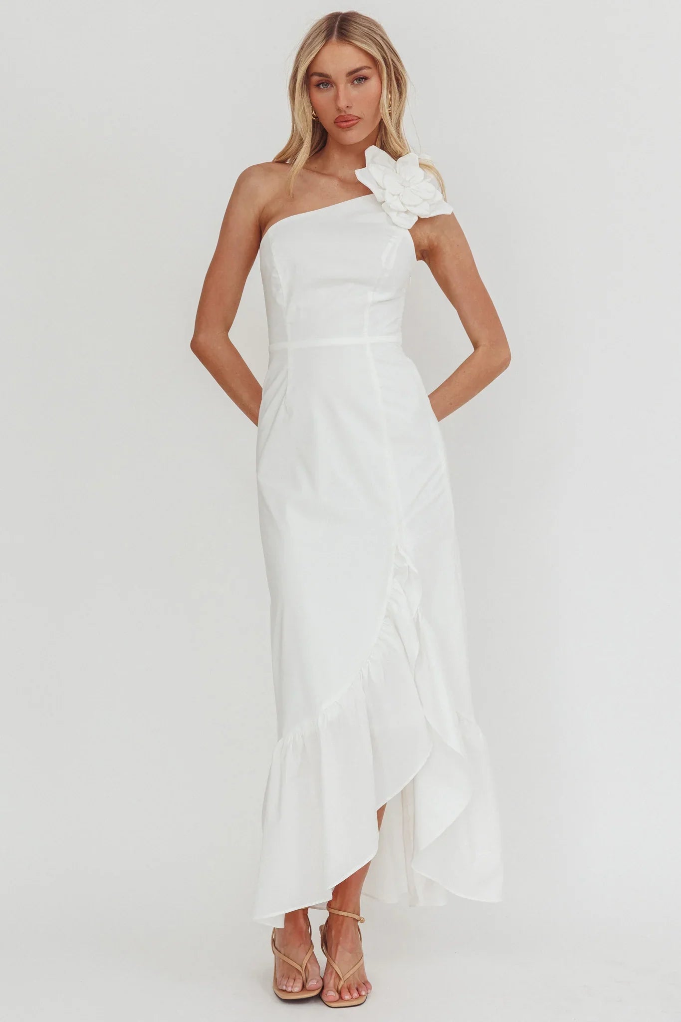 Dena One-Shoulder Frill Hem Maxi Dress White