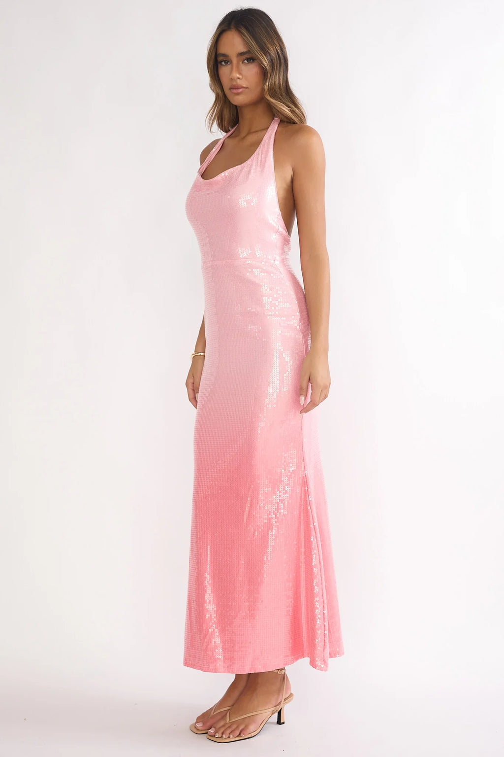 Koral Halter Sequin Maxi Dress Gradient Pink