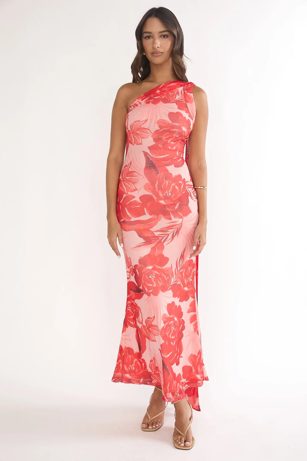Ilyse Neck Scarf One-Shoulder Maxi Dress Floral Red