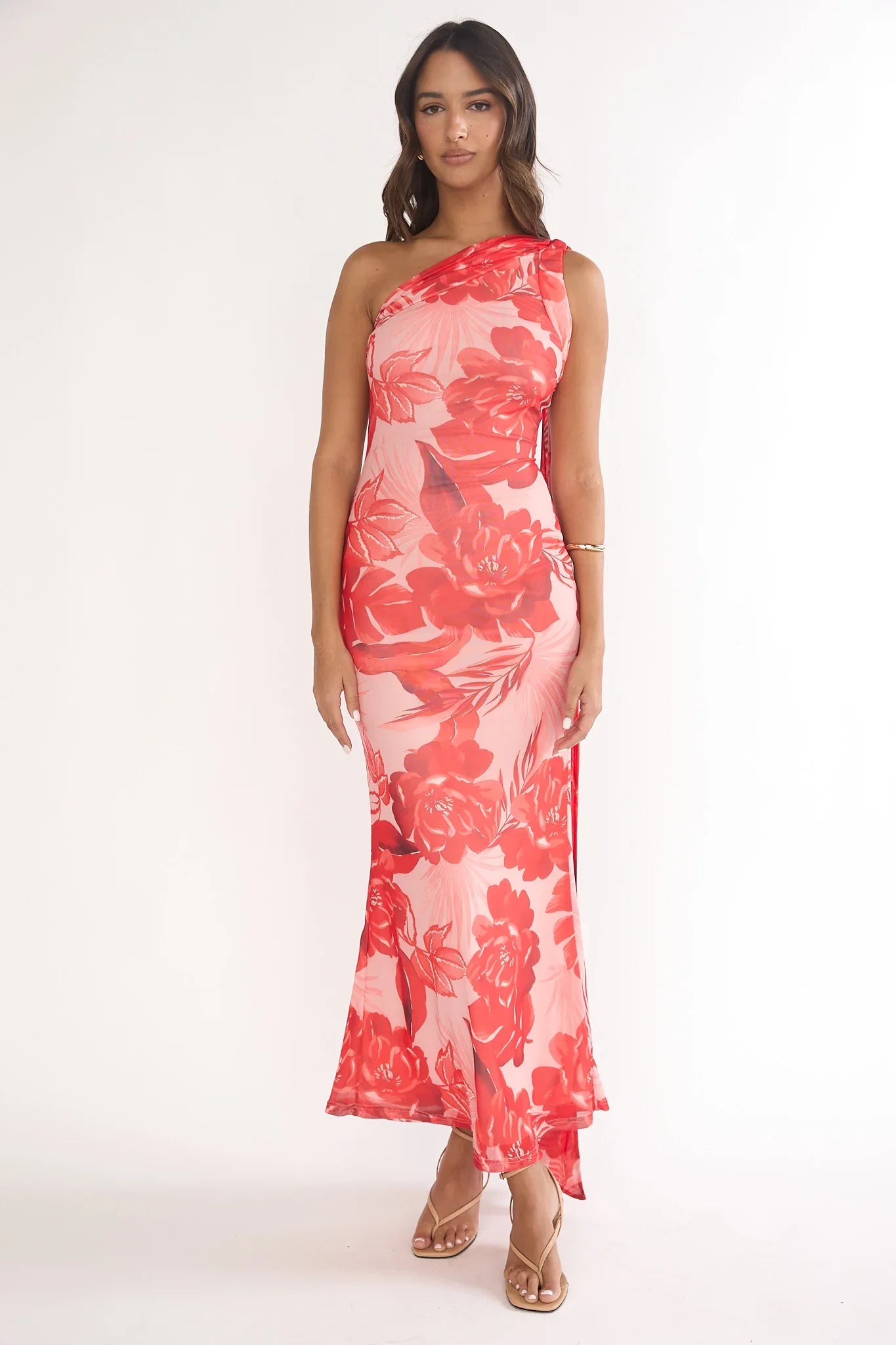 Ilyse Neck Scarf One-Shoulder Maxi Dress Floral Red