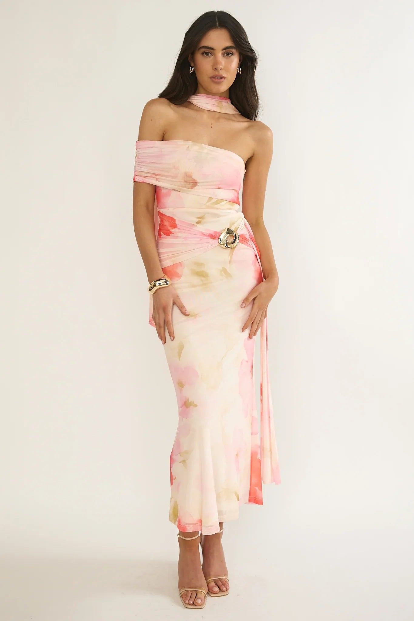Carrisa One-Sleeve Maxi Dress Floral Pink