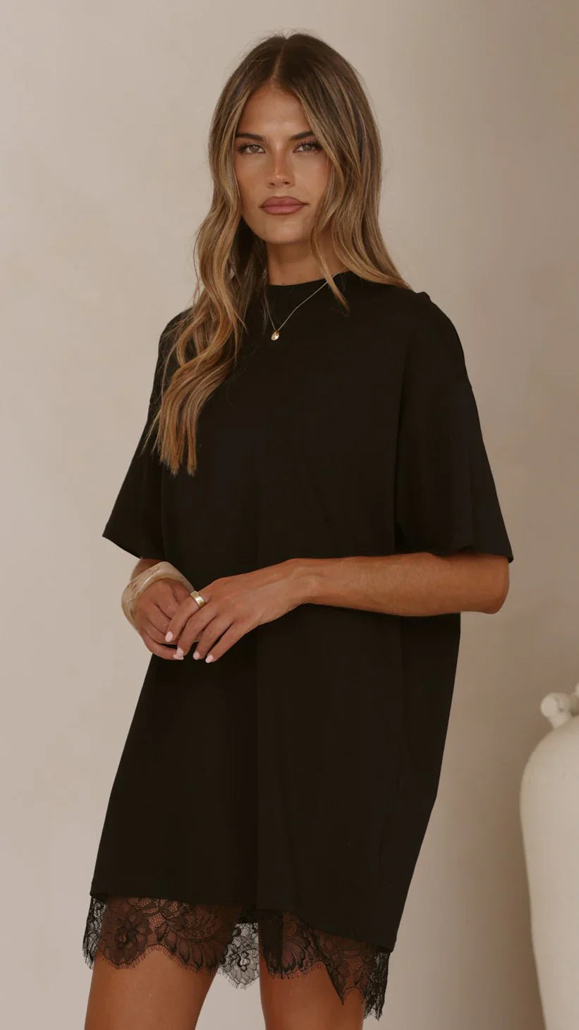Saya T Shirt Lace Mini Dress - Black