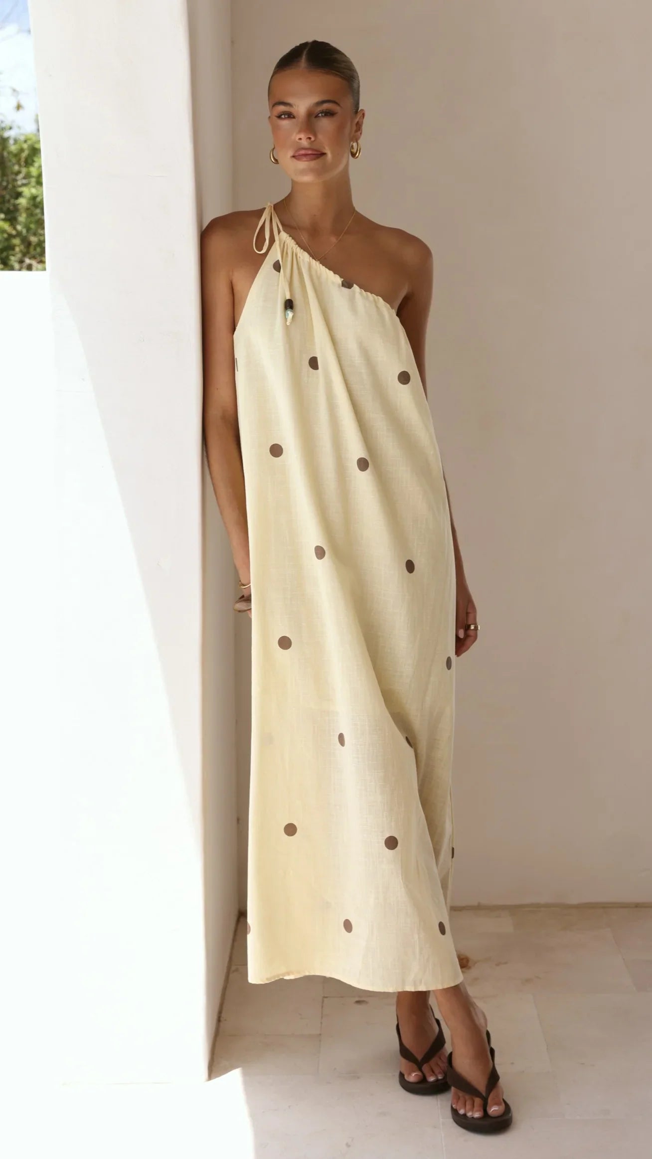Nasira One Shoulder Maxi Dress - Yellow/Chocolate Polka