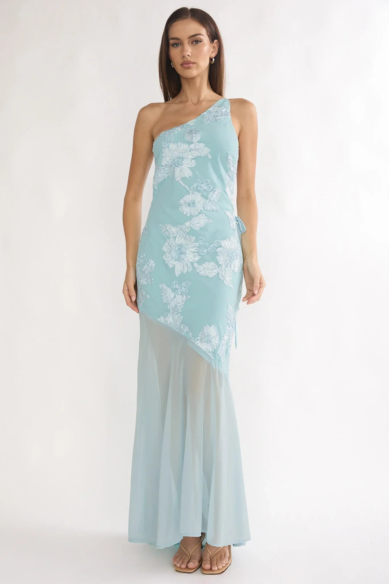 Mireya One-Shoulder Sheer Hem Maxi Dress Aqua