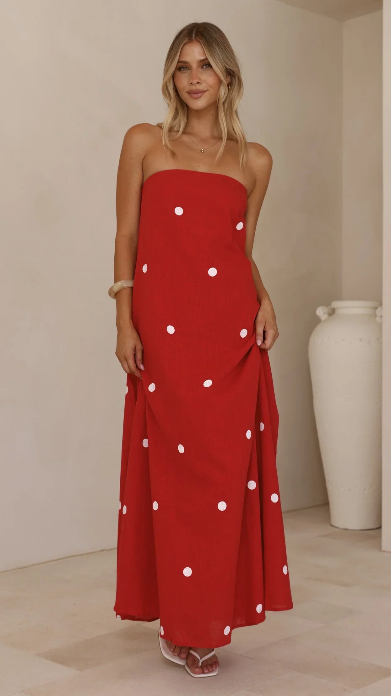 Connie Maxi Dress - Red/White Polka Dot