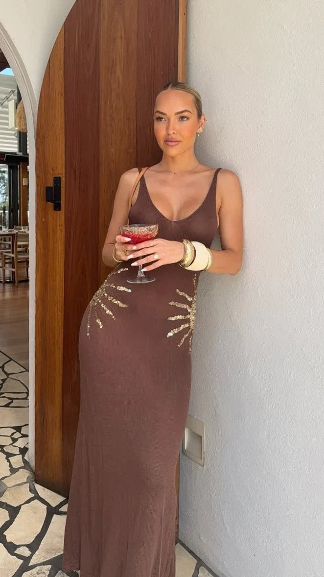 Bianca Sun Sequin Maxi Dress - Brown