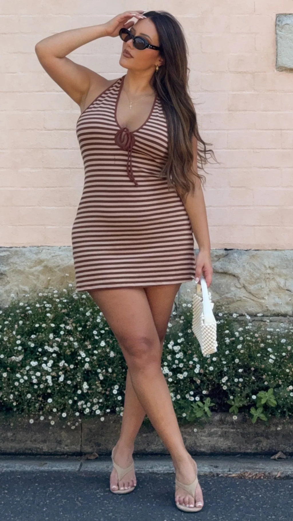 Jenna Halter Knit Mini Dress - Chocolate/Nude Stripe