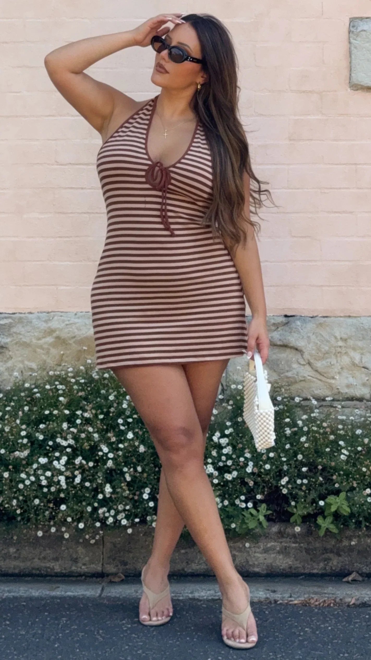 Jenna Halter Knit Mini Dress - Chocolate/Nude Stripe