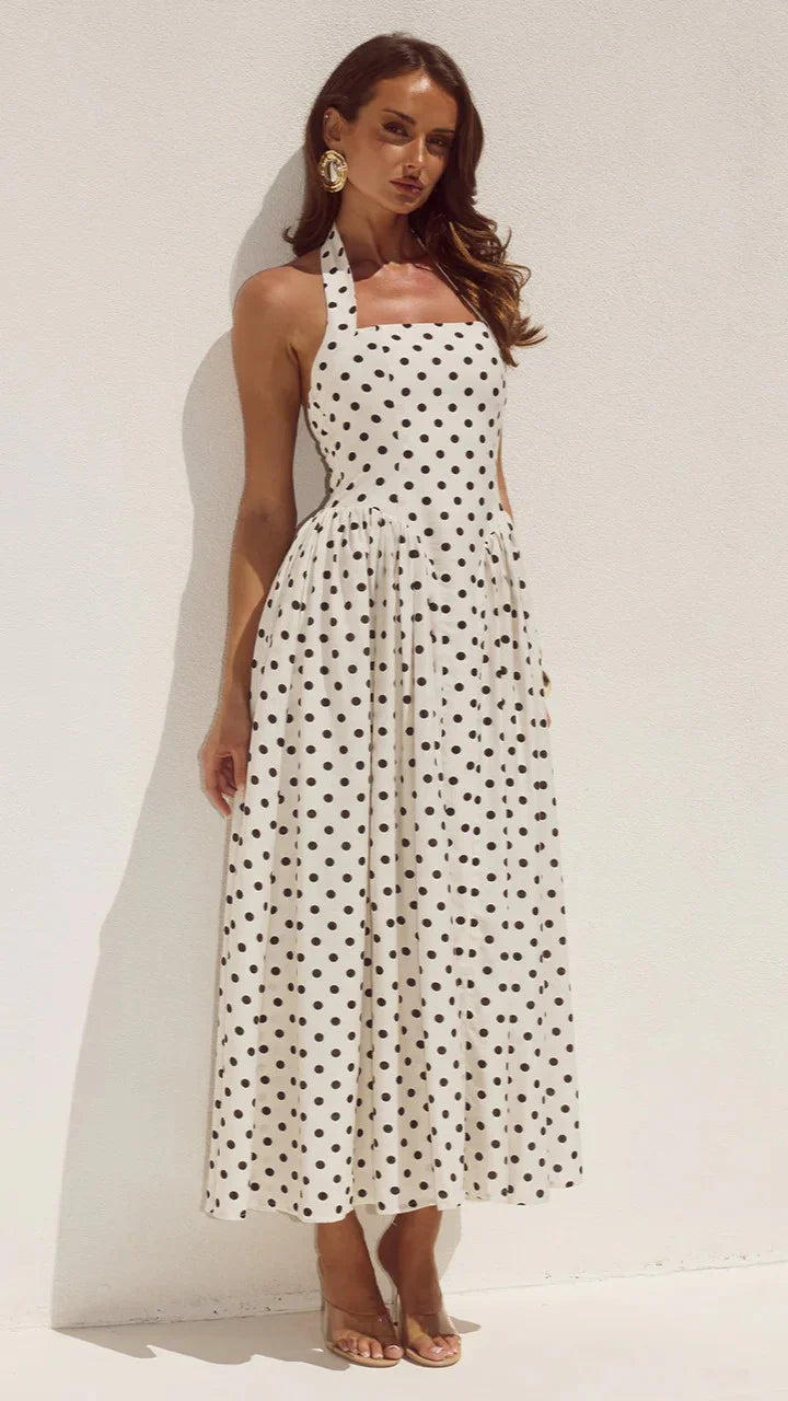 Sammi Halter Midi Dress - Cream/Black Polka