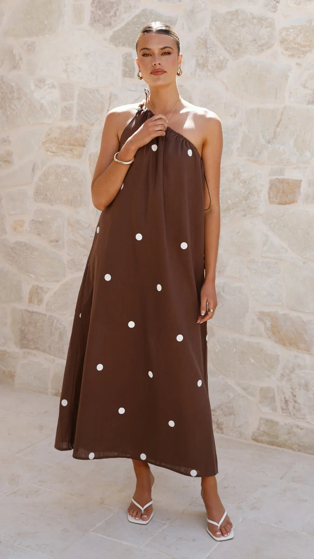 Nasira One Shoulder Maxi Dress - Chocolate / White Polka Dot
