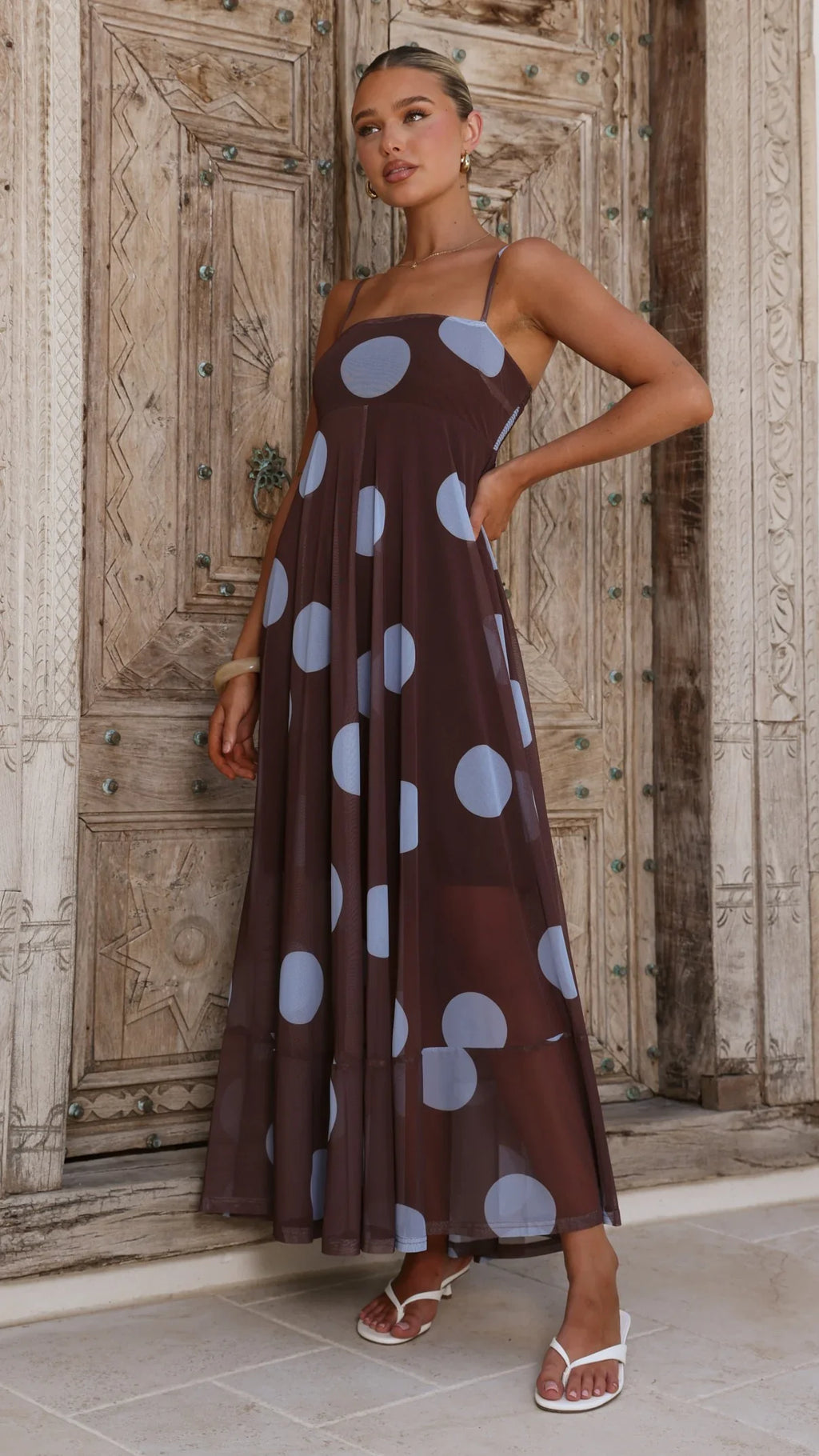 Melinda Mesh Maxi Dress - Brown / Blue Polka Dot