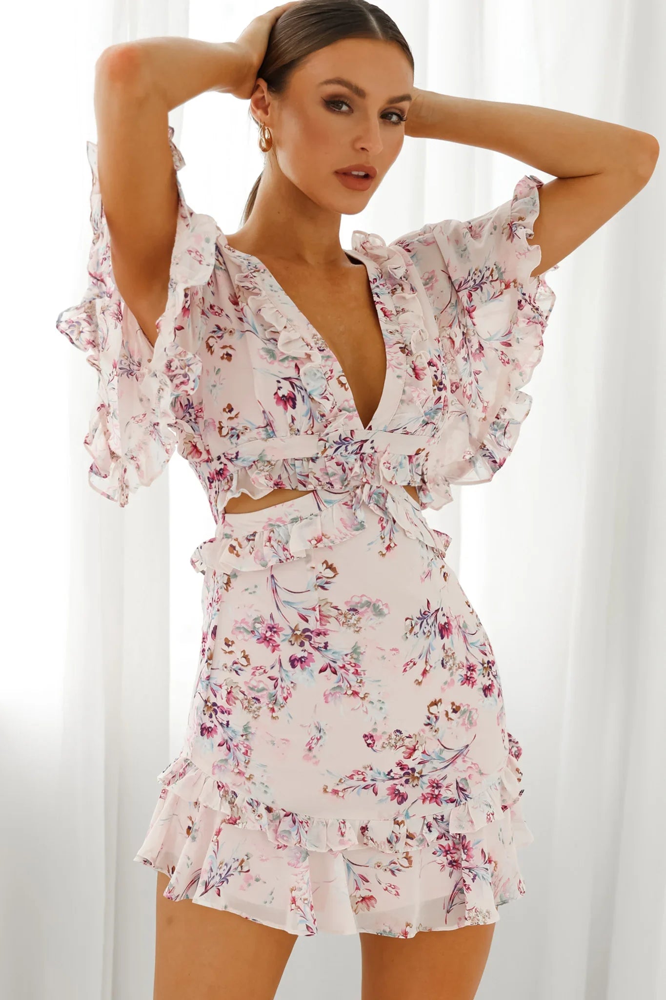 My Belle Cut-Out Detail Frill Accent Dress Floral Print Pink
