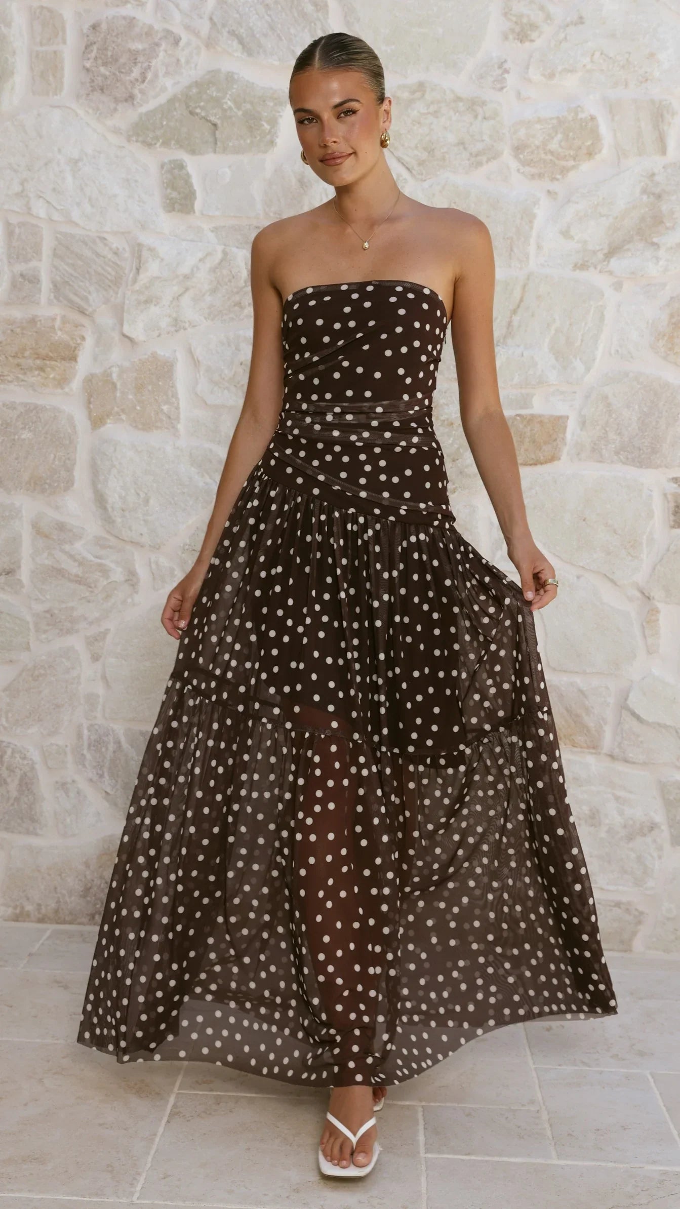 Riko Strapless Maxi Dress - Chocolate Polka