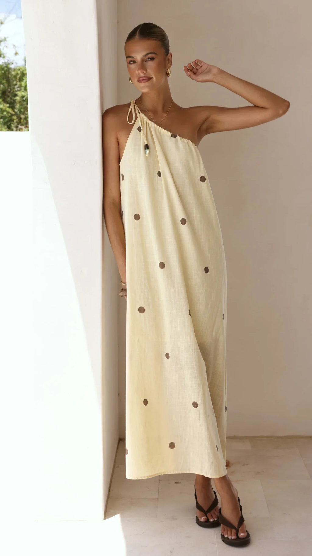 Nasira One Shoulder Maxi Dress - Yellow/Chocolate Polka