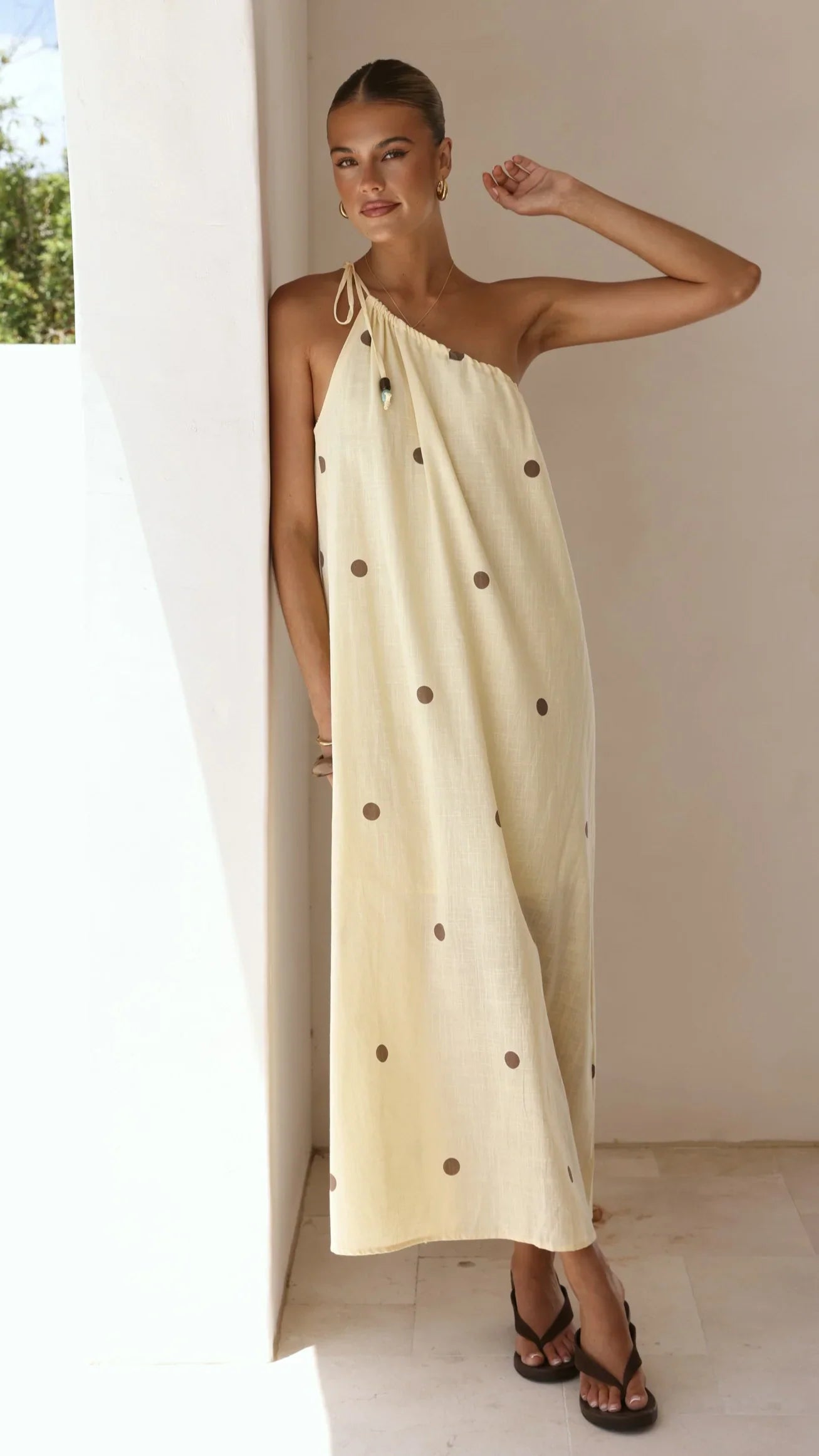 Nasira One Shoulder Maxi Dress - Yellow/Chocolate Polka