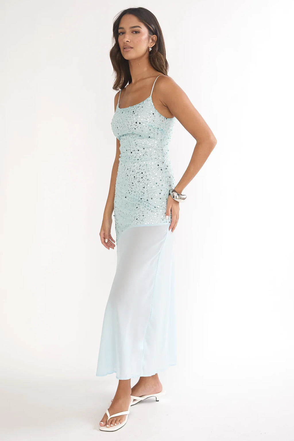 Gilded Dream Chiffon Hem Maxi Dress Sequin Sage