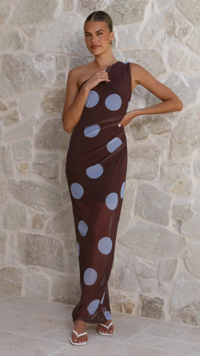 Cataleya Mesh Maxi Dress - Brown / Blue Polka Dot