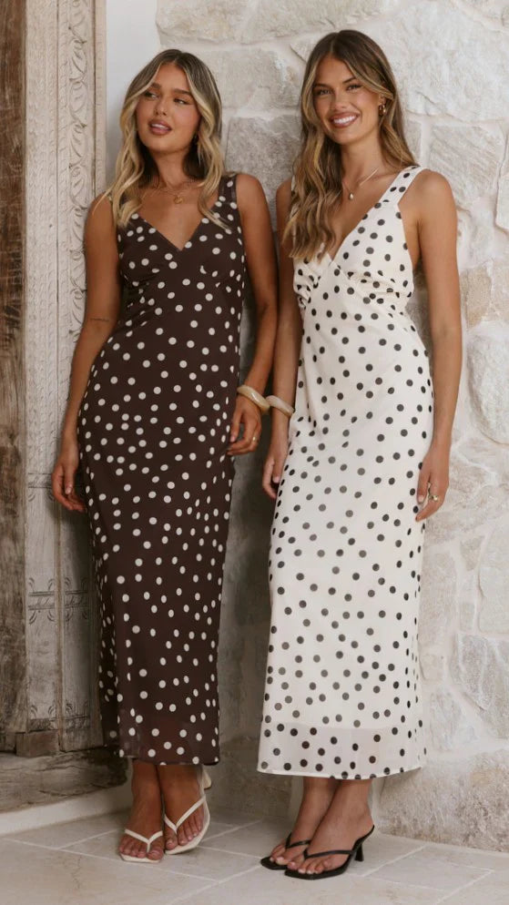Cassara Maxi Dress - White / Black Polka Dot