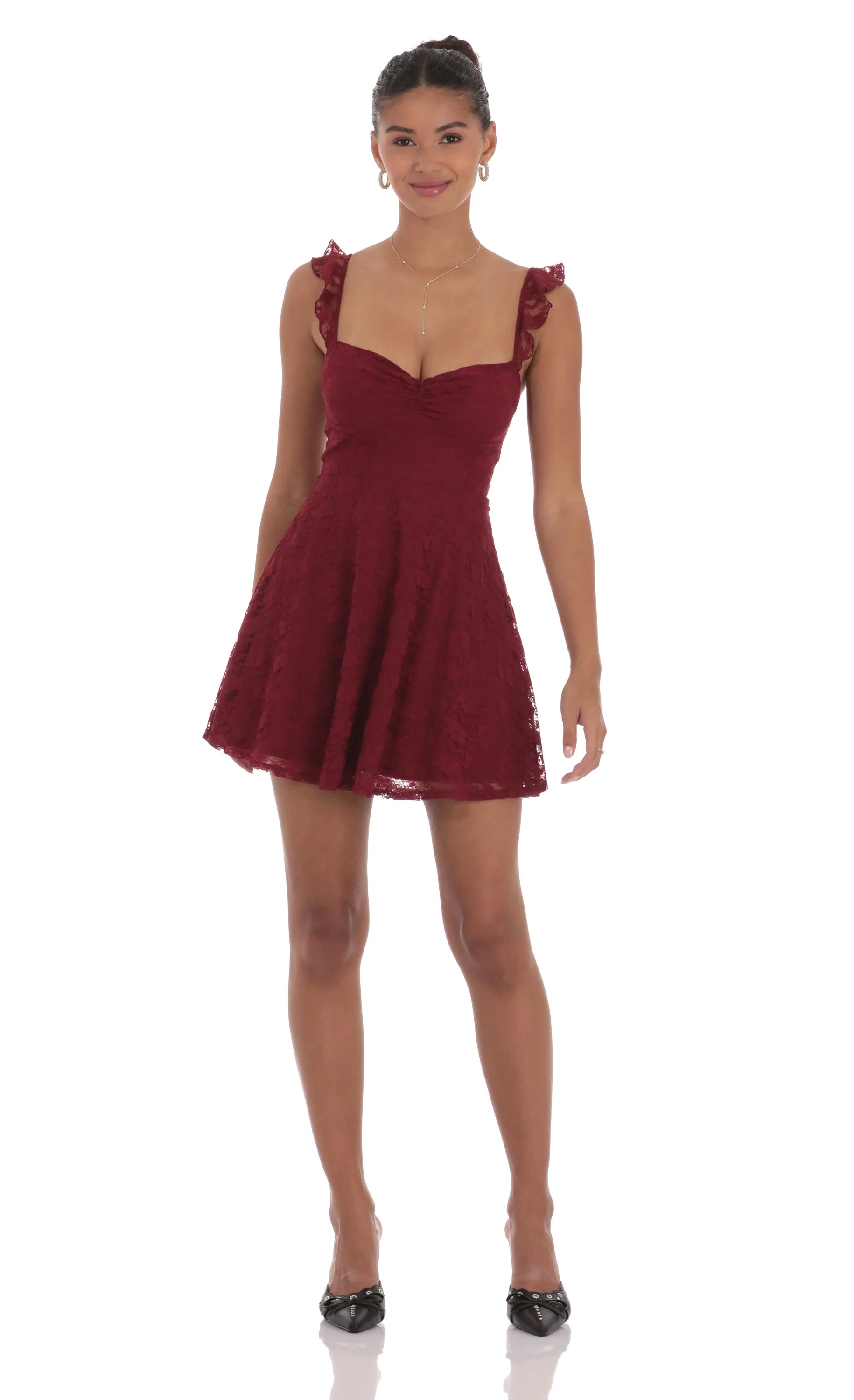 Lace Ruffle Strap A-Line Dress in Burgundy