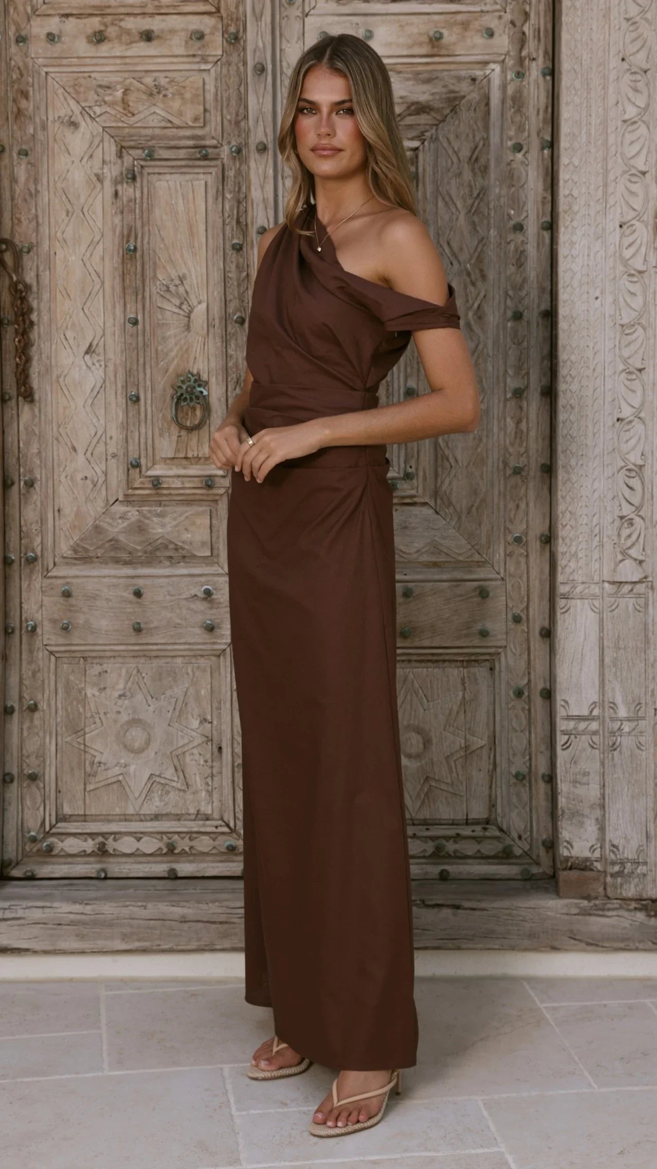 Larissa One Shoulder Maxi Dress - Brown