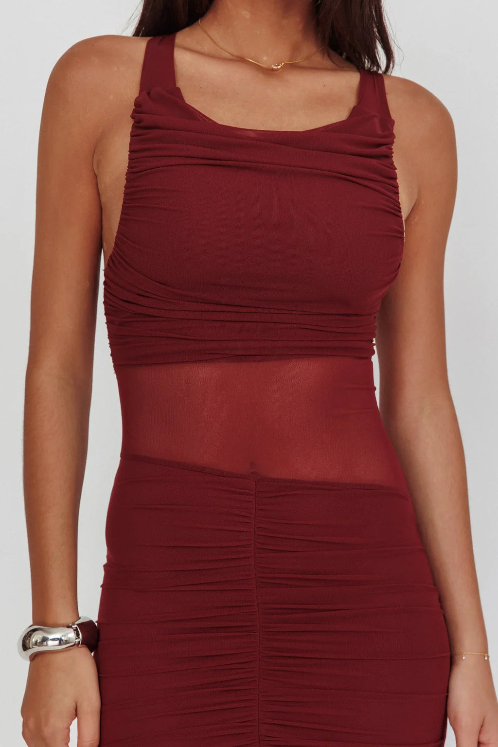 Sade Sheer Panel Ruched Maxi Dress Wine