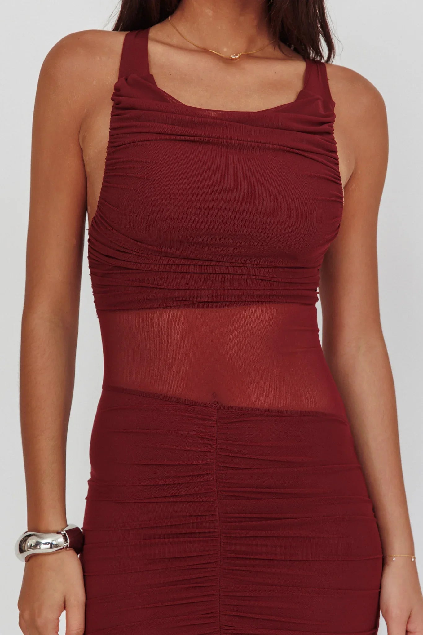 Sade Sheer Panel Ruched Maxi Dress Wine