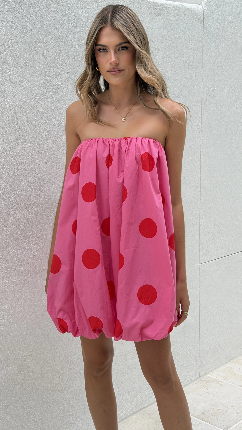 Everly Strapless Mini Dress - Pink/Red Polka